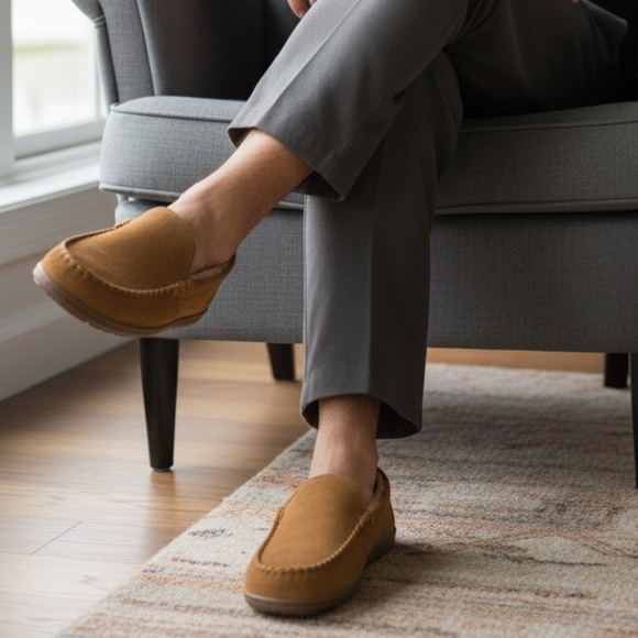 Lands' End Other - Lands' End - Men's Suede Moccasin Slippers with Fuzzy Faux Fur Lining NWOT